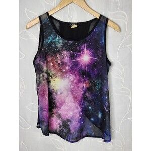 Vintage 90s Y2K DEB Galaxy Print Chiffon Sheer Tank Top Grunge Fairy Size L